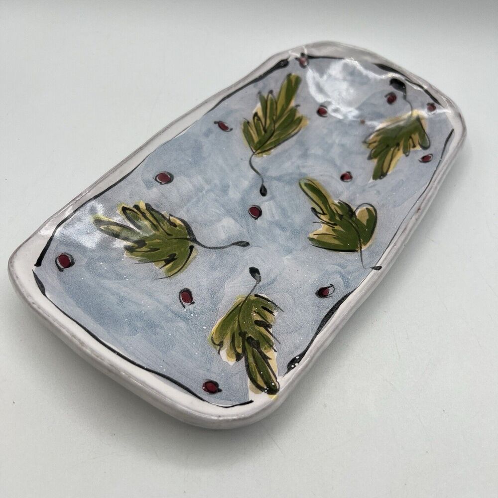Studio Art Pottery Christmas Winter Serving Console Tray Holly Berries Blue 10"